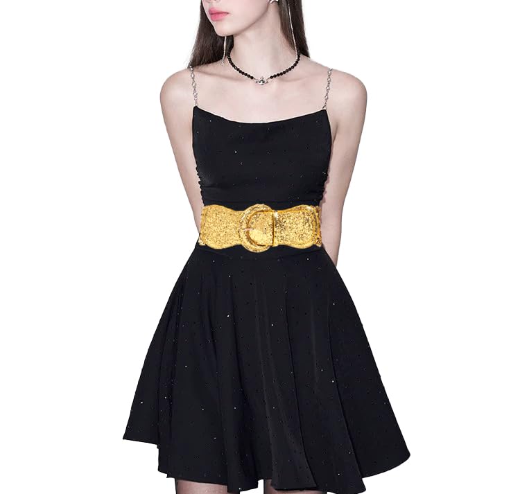 COTIM COYIN Womens Sequin Wide Buckle Stretchy Belt, Sparkly Glitter Vintage Elastic Belts for Dress Stretchy Waistband3