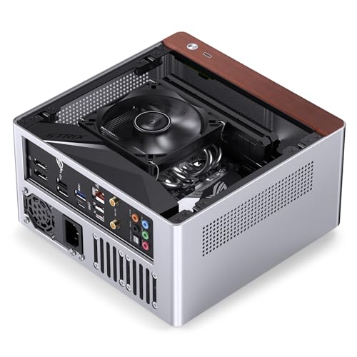 Image of JONSBO N10 Silver MINI ITX PC Case, Aluminum Alloy with Walnut Trim SFF Desktop Case, Standing or Lying, Compatible with 1U Flex PSU,Compact & Portable 4.5L Small, with 2Fans,4x2.5 SSD,Silver