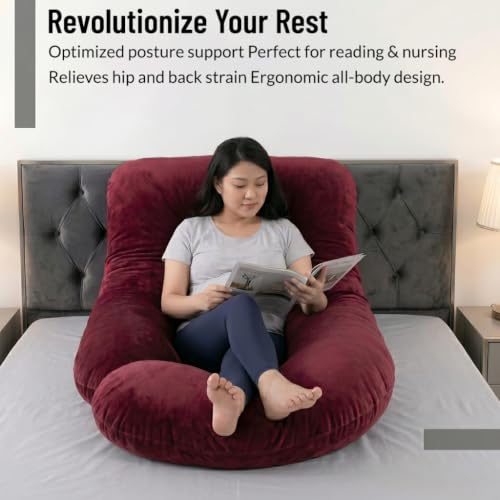Image of Amazon Basics Full Body Pregnancy Pillow for Maternity,Baby Nursing,Full Body Support-Abdomen,Hip,Spine,Neck&Leg Support Cushion| Perfect Baby Shower Gift |J-Shaped-Washable Cover with Zip - Maroon