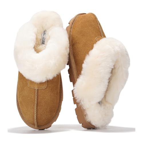 Project Cloud House Slippers for Women - Genuine Leather & Natural Fur Lining Fluffy Slippers - Memory Foam Womens Shoes (Hedy)
