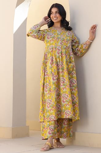 Image of Janasya Women's Pure Cotton Floral Printed A-line Maternity Kurta Pant Set