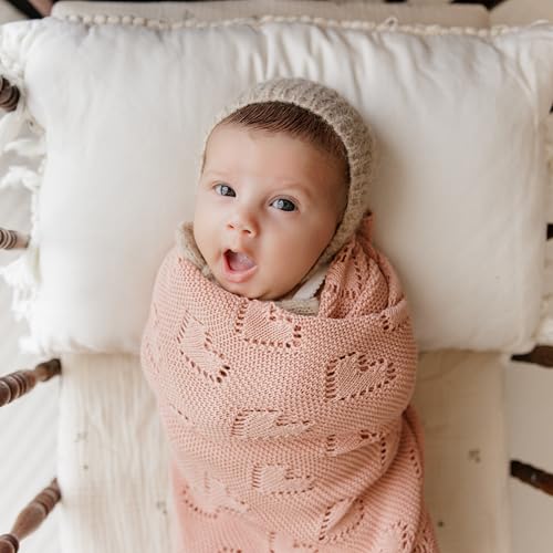 Image of Heirloom Knit Heart Swaddling Blanket for Girls - 100% Luxury Cotton Baby Blanket - Soft Warm Swaddle Receiving Crib Receiving Blanket for Newborns Infants & Toddlers (Pink)