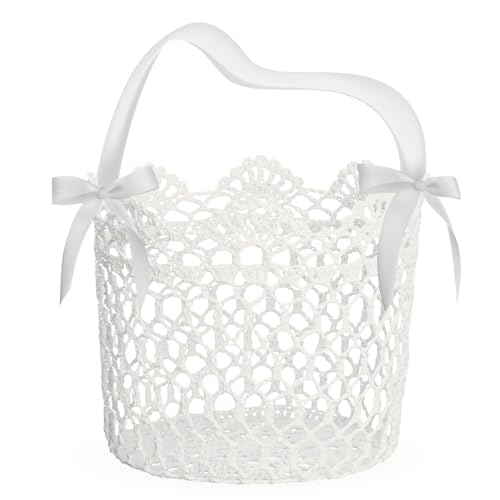 Unomor Hand Knitting Flower Girl Basket, White Wedding Ceremony Basket with Satin Bowknot, Elegant Hollow Design, Perfect for Petals and Special Occasions