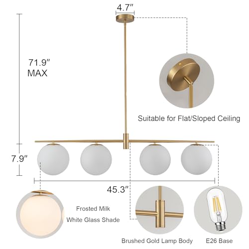 Image of 45.3 inch Modern Linear Chandelier 4-Lights Milk Glass Globe Linear Pendant Light Fixture Brushed Gold Mid Century Chandelier Kitchen Island Dining Room Light Fixture Over Table