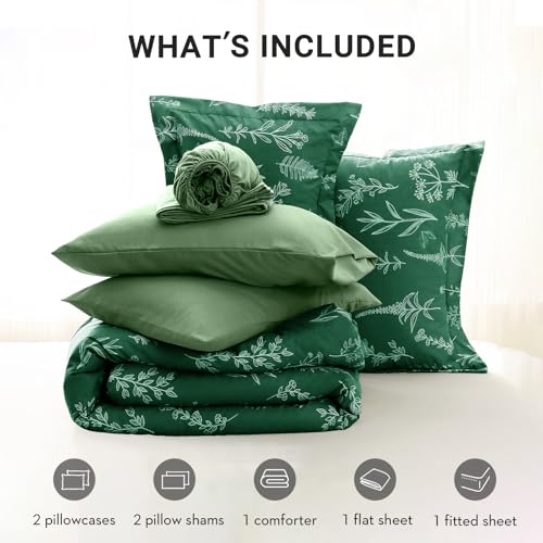 Image of MUXHOMO Emerald Green Full Comforter Set, Elegant Floral Print Bed in a Bag 7 Pieces, Ultra Soft & Breathable Reversible Botanical Pattern Bedding Set with Comforter, Sheets, Pillowcases, and Shams