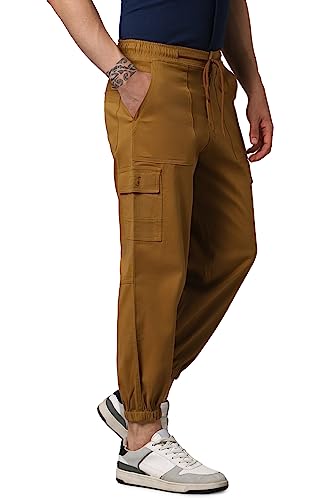 Image of Hubberholme Men's Regular Fit Cotton Trousers, Ankle Length Button Closure Elasticated Waist Cargo Joggers