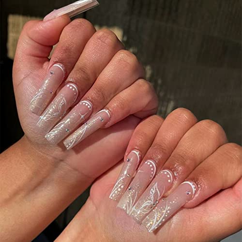 Sixdian Long Press On Nails Square With Glitter Diamond Nude Pink Fake Nails With Nail Glue On Nails Extra Long Xl Square Press On Nails With Butterfly Acrylic Full Cover Nails Stick On Long False Nails For Women And Girls (Style A9) #TOP4