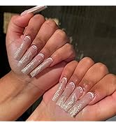 SIXDIAN Long Press on Nails Square with Glitter Diamond Nude Pink Fake Nails with Nail Glue on Na...