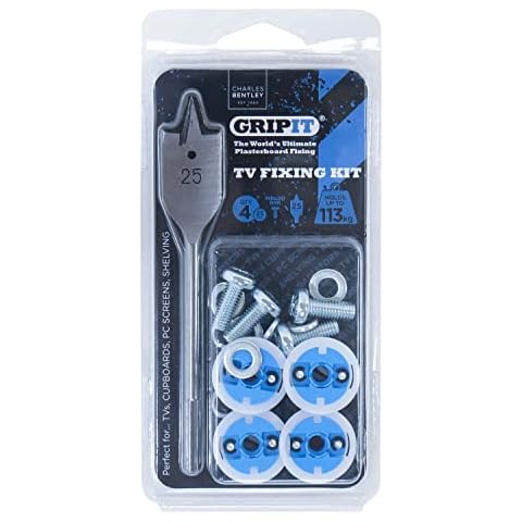 Gripit GTVKIT2 Complete TV Wall Bracket Fixing Kit - Includes Drill Bit - Supports Heavy Loads on Plasterboard Walls Up To 113kg, Blue Cover