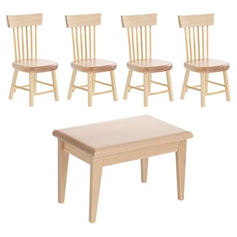 TOYANDONA 5Pcs Puppenhaus Tisch Stuhl Holz Miniatur Esstisch Holz Möbel Set Mini Zubehör für Puppenhaus Fee Garten Requisiten Cover
