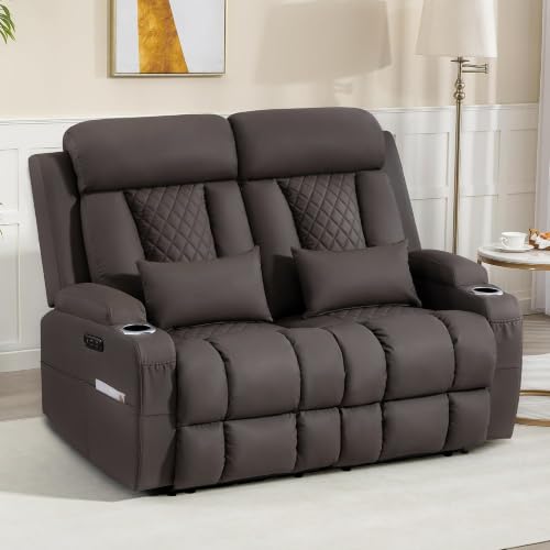 Neptane Zero Wall Hugger Power Reclining Loveseat with Adjustable Headrest, Power Loveseat Recliner Sofa with USB&Type-C Ports, Wall Hugger Reclining Loveseat for Living Room (PU Brown, 2 Seater)