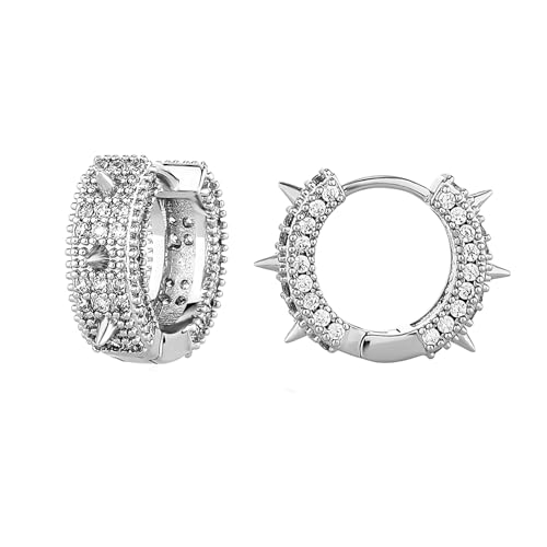 OYOGAA Goth Punk Black Hoop Earrings For Men 14K Gold Spike Hoop Earrings 5A+ Cubic Zirconia Gothic Huggie Earrings Trendy Cool Edgy Vampire Earrings For Women Men for All Occasions-Silver