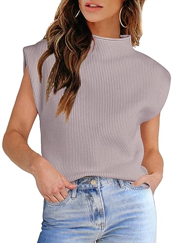 Image of Womens Sleeveless Sweater Vest Turtleneck Ribbed Knit Tank Tops Basic Slim Fit Top A Grey