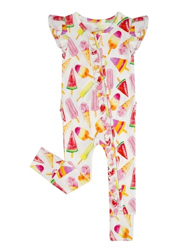EASWEET Baby Girl Bamboo Viscose Ruffle Romper Zipper Jumpsuit, Footless, Cap Sleeve Infant Clothes, Sweet Ice Cream, 6-12 Months