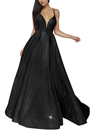Image of VKBRIDALWomen's Glittery Spaghetti V-Neck Prom Dresses Long Side Split Formal Evening Gowns 16 Black