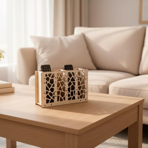 Image of Wooden Remote Organizer - Decorative 4 Slot Remote Holder for Table TV Remote Control Caddy for Living Room 7 x 5 x 2.5 Inches