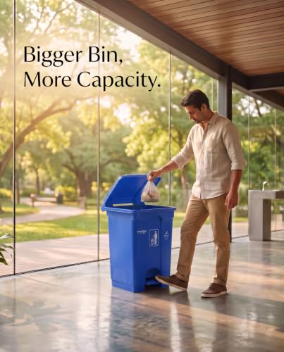 Image of pedal dustbin with lid, heavy duty plastic garbage bin, hands-free step-on waste bin for kitchen, office, home, hotel, bathroom & outdoor use (Blue, 65 Liters)