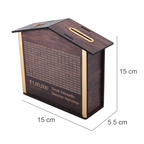 Image of Wooden Savings Bank Money Box - House-Shaped Piggy Bank with Multiple Slots - ₹1,00,000 Goal Tracker - Smart Coin & Cash Saving Box for Kids & Adults - Secure & Stylish Money Saving Organizer