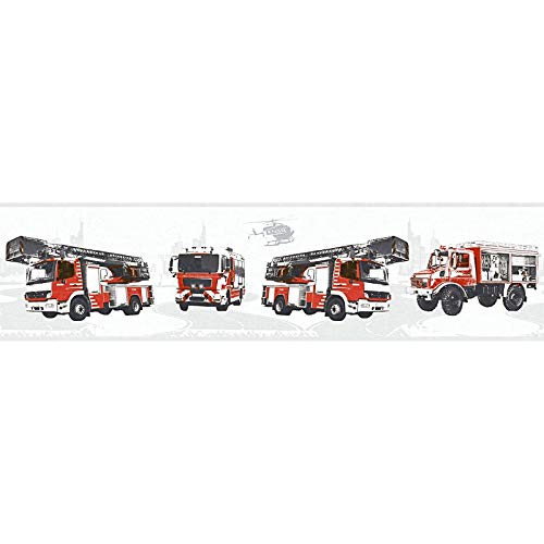 BRICOFLOR Frise papier peint chambre garçon grise Frise tapisserie motif camion de pompier rouge Frise murale idéale chambre enfant