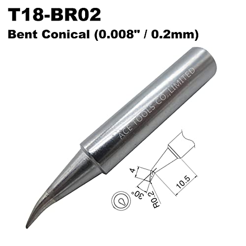 Image of T18-BR02 Bent Conical 0.008 inch / 0.2mm Soldering Tip for FX-888 FX-888D FX-8801 FX-600 Baku 878-L2 FX888 FX888D FX8801 FX600 ACE Brand Solder Iron Tips (2)
