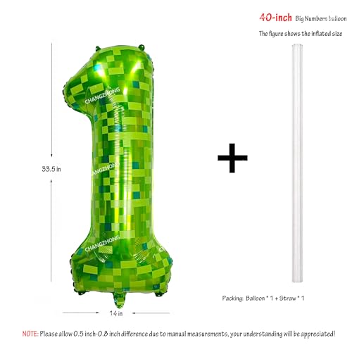 Image of 40 inch giant Green pixel miner game number 1 balloon | Large mining theme foil balloon 0-9 for pixel game parties children's birthdays party anniversary baby shower decoration