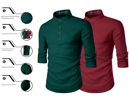 Image of Zombom Men's Combo Cotton Polyester Blend Solid Full Sleeve Straight Regular Fit Mandarin /Chinese Collor Kurta (Pack of 2)