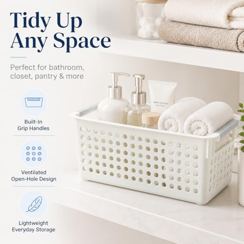 Image of Basicwise Set of 6 Plastic Storage Baskets, 12 inch x 5 inch x 5 inch Ivory Organizer Bins with Handles, Perforated Small Storage Containers for Pantry, Bathroom, Laundry, Closet, Office, Toys, Shelves, Home