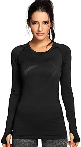 CRZ YOGA Women's Seamless Athletic Long Sleeves Sports Running Shirt Breathable Gym Workout Top Black-Slim Fit X-Large