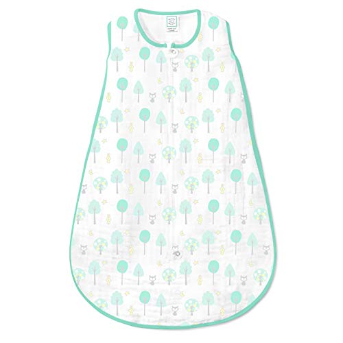 SwaddleDesigns Cotton Muslin zzZipMe Sleeping Sack, Wearable Blanket with 2-Way Zipper, SeaCrystal Woodland, Medium, 6-12 Months