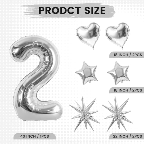 Image of TONIFUL 2nd Birthday Balloons Kit 40Inch Silver Large Number 2 Foil Balloon