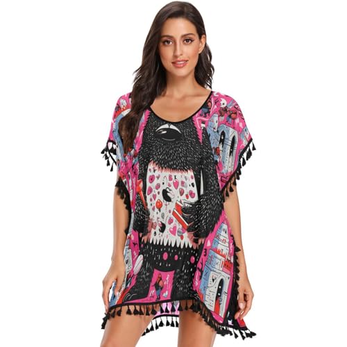 Pink Black Gorilla Art Women's Beach Cover Up Chiffon Tassel Swimwear Swimsuit Coverups for Girl