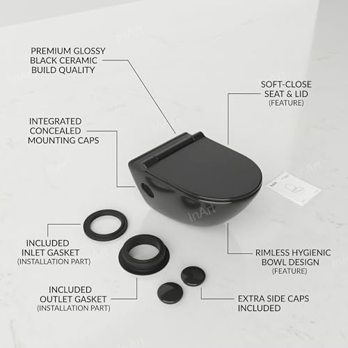 Image of InArt Ceramic Rimless Wall Hung Western Toilet /Commode - P Trap, Glossy Ceramic Round Rimless Toilet WC with Soft Close Seat, Modern Wall Mounted 365mm x 520mm x 360mm Black Color