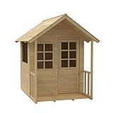 cabane maisonnette enfants Maisonnette en bois avec porte et fenêtres en plexiglas, idéale pour un jeu de rôle imaginatif, terrasse et auvent pour plus de confort et d'amusement