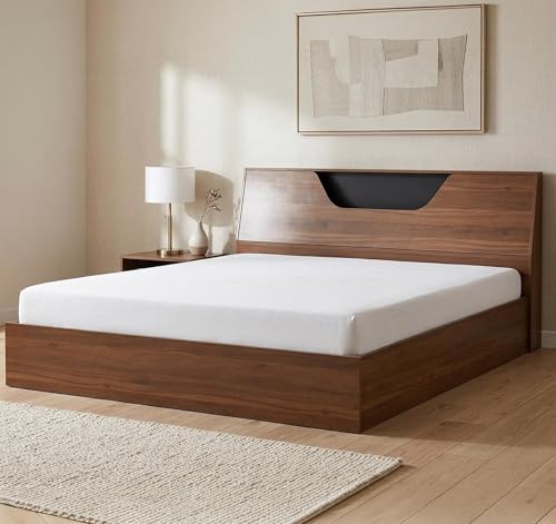 Image of Royaloak Zen Queen Bed with Storage, Engineered Wood with Melamine Finish, Slanting Headboard, Modern Durable Bed Frame
