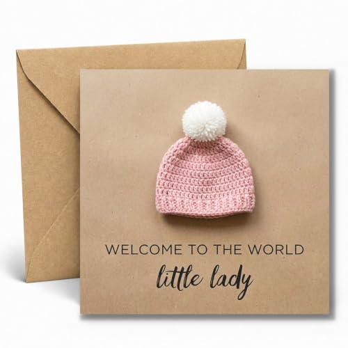 Edition Seidel Premium New Baby Girl Card with Envelope. Newborn Congratulations Card Welcome to the World Little Lady Knitted Baby Hat Motif Little Miracle (EQ174 SW026)