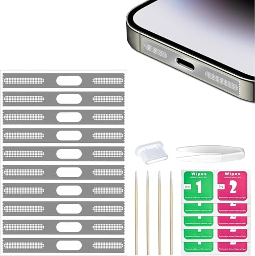Jemey 21 Pcs Dustproof Stickers Protector Kit Compatible with iPhone 15 Pro Max, Upgrades Mobile Phone Speaker Mesh Anti Dust Adhesive Cover with USB C Dust Plug and Tweezers