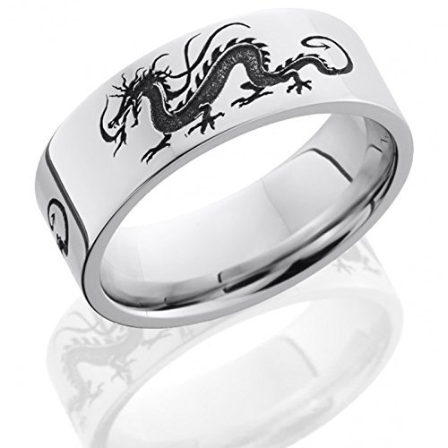 COBALT CHROME FLAT BAND 8MM HIGH POLISHED ANNIVERSARY RING WEDDING BAND WITH CUSTOMIZED LASER CARVED DRAGON PATTERN