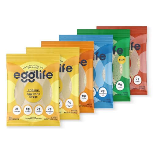 egglife foods, egg white wraps, 6 - 6 packs, 2 Original, 1 Everything Bagel, 1 Southwest, 1 Roasted Garlic Herb, 1 Sweet Cinnamon - Gluten Free, Dairy Free, No Flour, Sugar Free, Keto Friendly, Paleo, Low Net Carb, Protein Packed