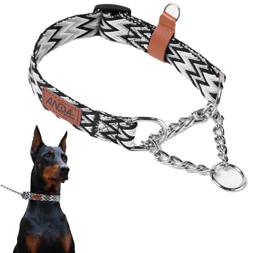 ANDA Martingale Collar for Dogs, Adjustable with Reflective Stainless Steel Chain, No-Pull Escape-Proof Training Collar for Medium and Large Breeds (Chevron Black Chain Style, Large)