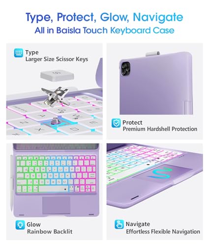 Image of Baisla for iPad (A16) 11th /10th Gen Case with Keyboard, 360 Rotating,Trackpad Keyboard for iPad Air 11(M4 /M3 /M2)&iPad Air 5th /4th /Pro 11 4th /3rd /2nd /1st,Rainbow Backlit with Pencil Holder-Light Purple