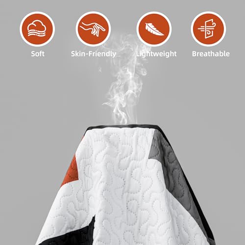 Image of Tyrot 3 Piece Orange Grey Quilt King Size Black White Gray Bedding Set | Lightweight Bedspread, Geometric Coverlet with 2 Sham, Modern Abstract Soft Microfiber, Bed Cover for All Season, 106''x96''