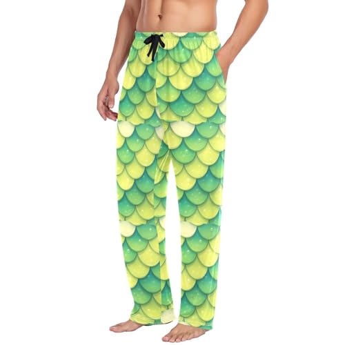 Men's Green Mermaid Scale Pajama Pants with Pockets - Straight Fit Cotton Sleep Bottoms for Lounge & Nightwear#8354