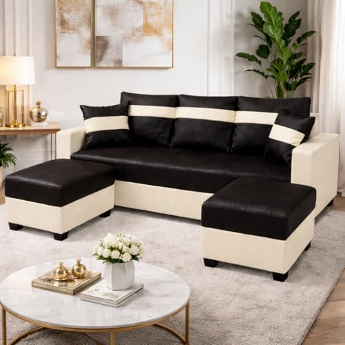 Image of SOCOZI Bastian 5 Seater L Shape Sofa Set with 2 Movable Ottomans | Flexible Layout | Premium Leatherette with Golden Metal Legs |Sofa for Living Room (Black-Cream) | Breathable Material