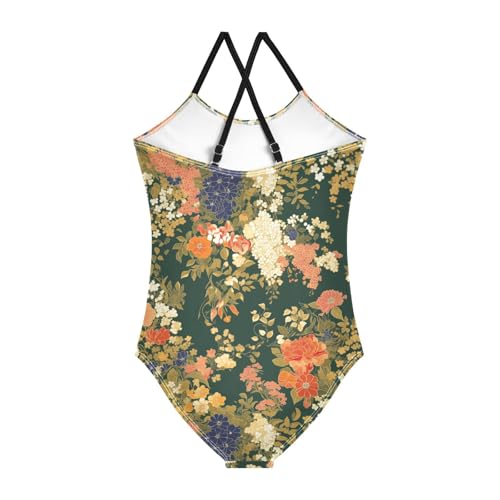 KLL Colourful Small Liberty Blooming on Green Background Girls' 1 Piece Bathing Suit Beach Swimwear Adjustable Shoulder2