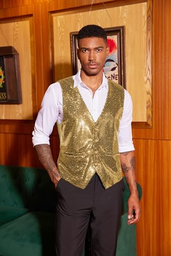 COOFANDY Men's Sequins Vest Slim Fit Christmas Party Vest Shiny Dress Waistcoat for Wedding, 80s 90s Prom,Events4