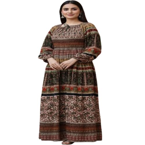 Image of Women's Cotton Dress Jaipuri Sanganeri Print Midi Long Dress Printed Fit and Flare Maxi Dress A-Line Gown Dress Maxi Skirt, Mandala (Free Size)