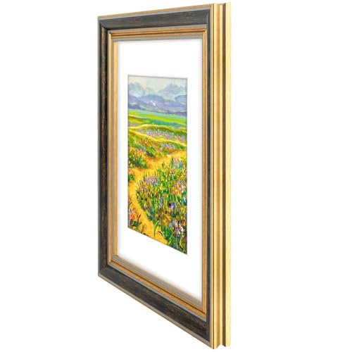 Image of Golden State Art,11x14 Ornate Picture Frame Holds 8x10 Photo,Black Gold | Includes real glass front,white mat,build-in hangers and buttons.11x14 Decorative photo frame matted to 8x10.Wall mount