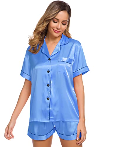 Image of SWOMOG Womens Silk Satin Pajamas Set Short Sleeve Sleepwear Button Down Top and Shorts Loungewear 2 Piece Pjs Set XS-3XL