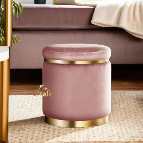 Image of Giftoshopee Velvet Puffy Ottoman Stool, Round Footrest with Diamond Quilting and Gold Base, for Living Room, Bedroom and Dressing Area (Pink)