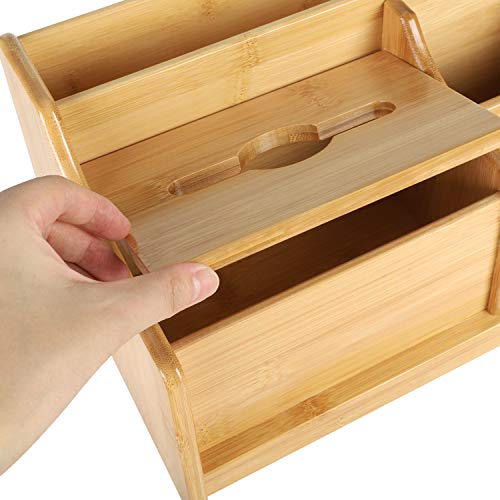 Expandable Desktop Bookshelf Organizer with Tissue Box, Bamboo Desk Storage Shelf Rack Mail Sorter Bookcase Table Counter Holder for Pencil Remote Office Supplies